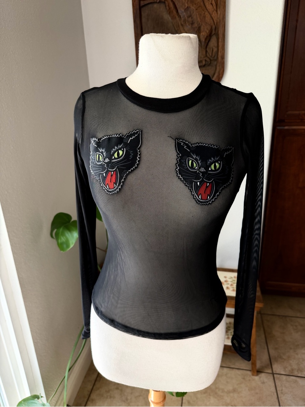 Dolls Kill Black Sheer Mesh Cat Patch Top Small